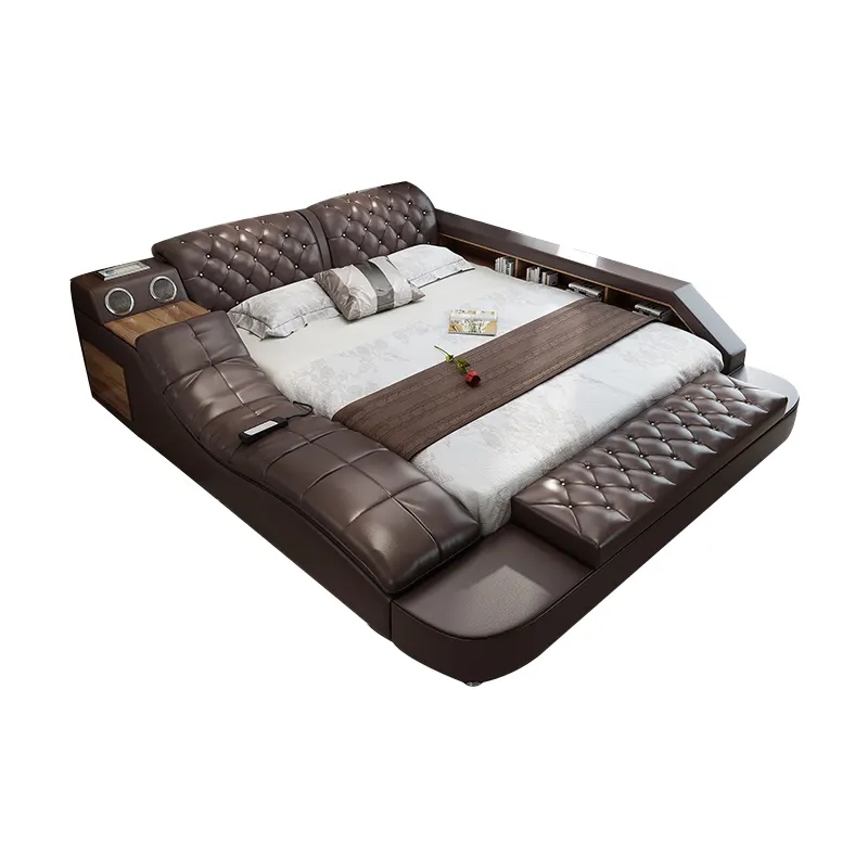 ราคาดี dark สีน้ำตาลหนังสมาร์ทโมเดิร์น multifunctional bed