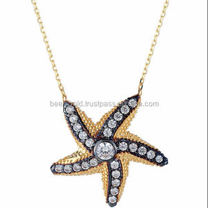 Collar de estrella de mar de oro sólido de 14 quilates para mujer, joyería de animales finos con cadenas de diamantes, tipo hecho en Turquía - Product Image 1