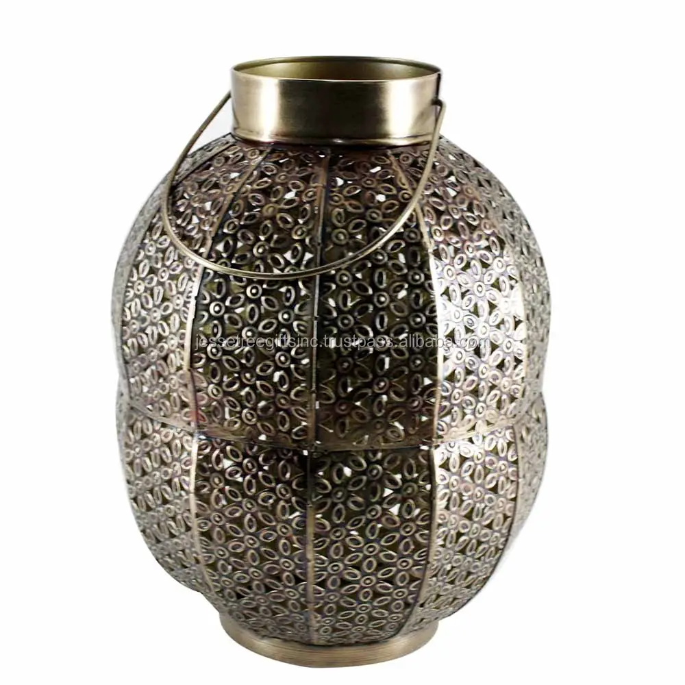 Linterna colgante marroquí de metal con acabado de latón antiguo, forma redonda, calidad superior con mango de alambre para decoración del hogar