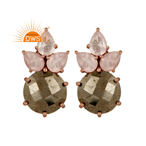925 Silver Rose Gold Plated Pyrite And Rose Quartz Gemstone Girls Designer <b>Post</b> Stud <b>Earrings</b> Jewelry Wholesaler - Product Image 1