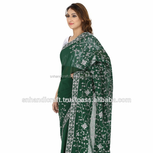 Sari Étnico Verde Esmeralda, Sari Estilo Lehenga Verde, Sari Lehenga con Pedrería de Diseñador, Sari Hecho a Mano con Diseño Exclusivo, Magia Hecha a Mano - Product Image 1