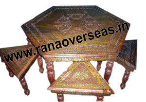 <b>Vintage</b> Design Hot Selling Handmade <b>Wooden</b> Hexagonal Centre Table With <b>Stool</b> in Tri Angle Shaped and Brass Inlay Design - Product Image 3