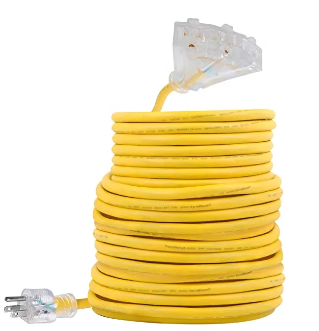 100ft Outdoor Extension Cord Rubber Flexible Triple Outlet Yellow Wire with Live Power Light Indicator