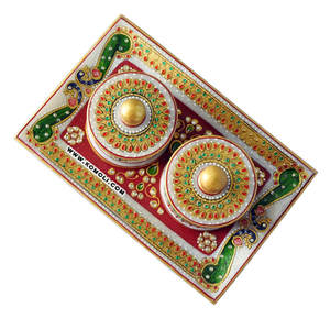 Pink Kundan Marble Heart Shape Ganesha Pooja Thali and Decorative Trays for Indian Wedding Favor - Product Image 5