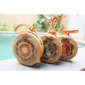 New Traditional Sling Bags Ata Rattan with Wooden Hand Painting Ethnic Balinese Design Original Leather Handle