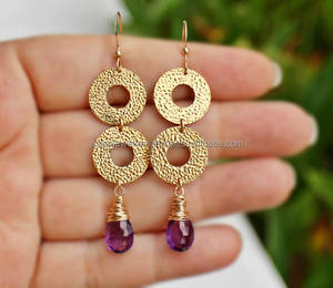 Amethyst Gemstone 925 Sterling <b>Silver</b> Gold Vermeil Designer <b>Dangling</b> <b>Earrings</b> - Product Image 2