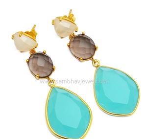 925 argent Sterling plaqué or 18 carats marron Quartz fumé bleu Aqua calcédoine Vintage boucles d'oreilles en pierres précieuses naturelles boucles d'oreilles naturelles - Product Image 1