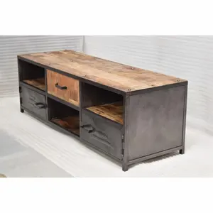 Good Quality Iron Wooden Handicraft Industrial Vintage Design TV Video Display Unit with Drawer Storage for Home Living Room