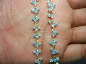 Aqua Calcedonia Piedra preciosa Chapado en oro Alambre de plata esterlina Envuelto Colgando Cuentas de cadena gruesa Aproximadamente Hallazgos de joyería Componentes - Product Image 4