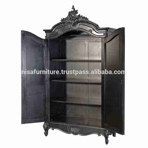French Black Louis XV Glass 2 Door Wooden Armoire <b>Wardrobes</b> Bedroom Furniture - Product Image 2