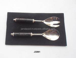 Mango de cuerno de alta calidad con perilla, juego de ensalada de acero en espejo, cubiertos, cuchara para ensalada y tenedor para ensalada, precio al por mayor - Product Image 2
