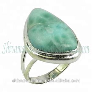 Belle bague en pierres précieuses de Larimar naturel pur 925 argent Sterling plaqué rhodium mariage éternité Vermeil bijoux pour femmes - Product Image 2