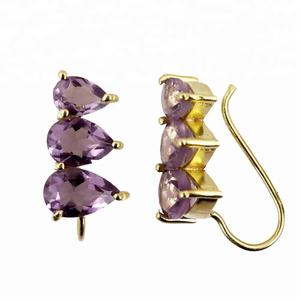 Violet Améthyste Gemstone Poire Forme Plaqué Or Femmes Dangle Boucles D'oreilles Prong Ensemble Bijoux pour Filles - Product Image 2