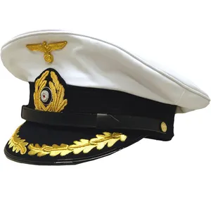 高品质Kriegsmarine船长遮阳帽，纯棉斜纹白色上衣定制刺绣派克帽