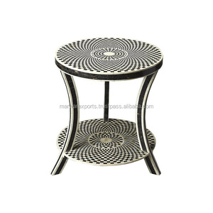 Table basse ronde de style traditionnel moderne Console en bois naturel solide meubles incrustation d'os chambre entrée application faite à la main - Product Image 1