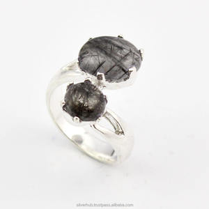 Anillo Ajustable de Rutilo Negro Plateado para Mujer, Hecho a Mano con Piedra Preciosa Natural de Rutilo Negro, Anillo Curativo de Plata de Ley 925 - Product Image 1