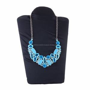 Collier fantaisie vintage personnalisé avec topaze bleue rhodiée noire cuivre turquoise argent 925 pour mariage ou fiançailles - Product Image 1