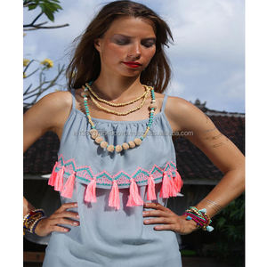 New Collection Women Relaxed Fit Embroidered Ruffle Tasseled Neck Tunic Casual Wear Rayon Spaghetti Strap Short Cover Up Dress - Product Image 1