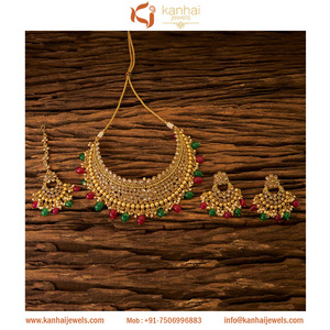 Antique Mukut Necklace <b>Set</b> With Gold Plated Jewelry 17173 Rubygreen - Product Image 1