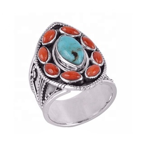 แหวนพลอยหลากสีปะการังเทอร์ควอยส์ดีไซน์สวยงาม925เครื่องประดับเงินสเตอร์ลิงแหวนเวอร์เมียล - Product Image 1