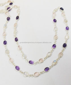 Pierre de lune, Améthyste et Quartz Rose Ovale 8x10mm Lunette Station Connecteur de Pierres Précieuses Chaînes-Plaqué Argent Chaîne Collier - Product Image 4