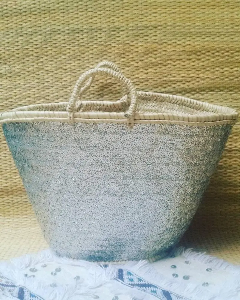 Bolso de playa de paja marroquí hecho a mano, tejido de playa 2019 con lentejuelas