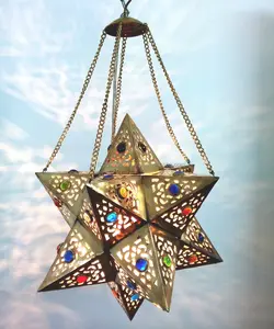 BR354 Handgemaakte Messing Egyptische Marokkaanse Jeweled Star Hanger Lamp