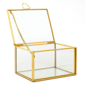 Glass Jewelry Box With Lid Hinged Cube Shape Minimalist Design Gold <b>Frame</b> Storage Container For Accessories - Product Image 1