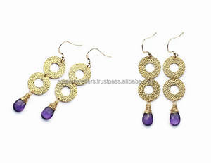 Amethyst Gemstone 925 Sterling <b>Silver</b> Gold Vermeil Designer <b>Dangling</b> <b>Earrings</b> - Product Image 1