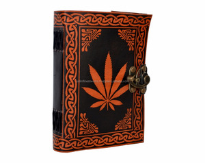 Journal en cuir véritable gaufré à la main de feuille de chanvre orange livre d'ombres carnet de notes Pages blanches vierges journal pour cadeaux d'école de bureau - Product Image 3