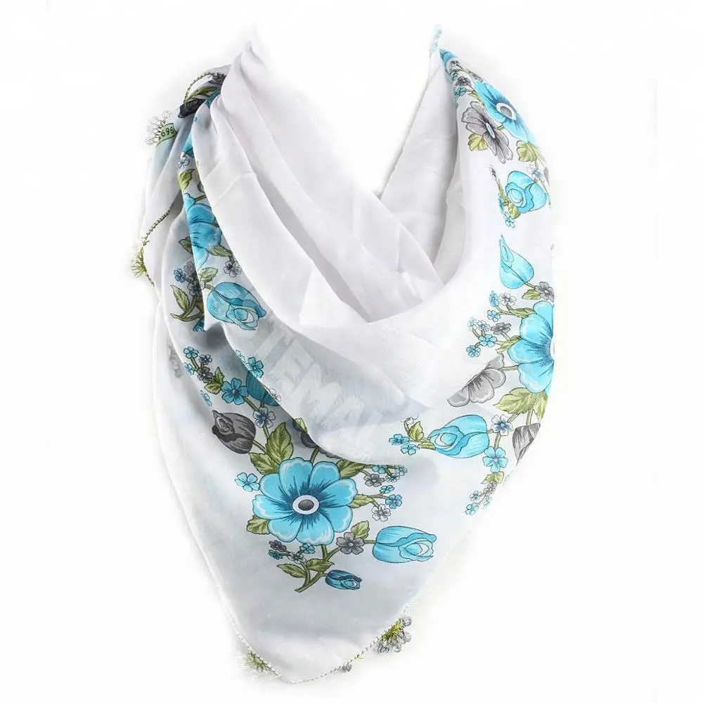 Écharpe Hijab en dentelle et en forme carrée coloré pour femmes, 100 coton, accessoire avec motifs de fleurs imprimées de luxe