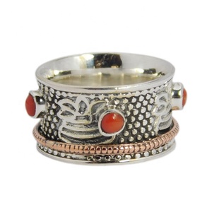 Charmante méditation rouge corail pierre précieuse Texture 925 argent Sterling Spinner bague éternité Vermeil bijoux faits à la main - Product Image 2