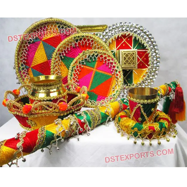 Pernikahan Punjabi Phukari Dihiasi Thaals, Set Tali Dekoratif Pernikahan Punjabi, Dekorasi Pernikahan Malam Punjab Jaggos