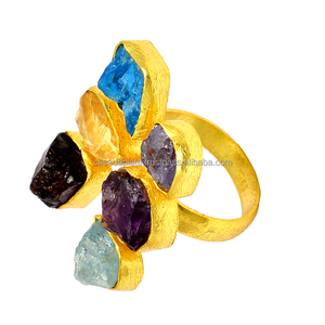 Multi Rough Gemstone 925 Anillo de plata al por mayor Joyería hecha a mano Chapado en oro Forma de flor Anillo de moda Fabricación al por mayor - Product Image 2