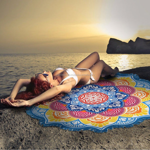 Tapis de plage rond Mandala coloré en forme de lotus, jeté hippie, tapis de yoga, serviette, couverture ronde Mandala indienne en forme de lotus, tapis, tapisserie à franges - Product Image 4