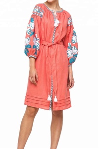 Robe courte tressée à fleurs et ceinture pour femme, tenue de bureau, style hippie, manches longues, décontractée, été - Product Image 2