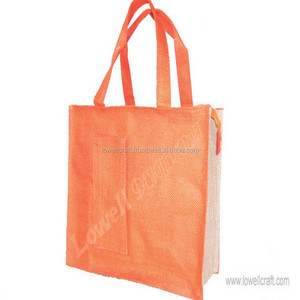 Orange Jute Shopping <b>Bag</b> with Front Pocket Mini Size Geometric Pattern Long Handle for Party Use-Lowellcraft - Product Image 1