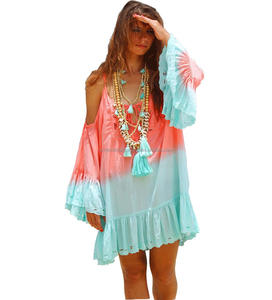 Resort Party Wear For Girl's Wear Rayon Tie Dye Vestido informal de manga larga Short Evening Party Beach Bikini Cover UPS at Bulk Rate - Product Image 1