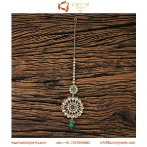 Mehndi plaqué, maang tikka classique vert, 17104 - Product Image 1
