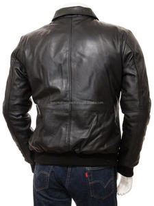 Blouson aviateur en cuir de vachette noir, résistant à l'eau, respirant, avec poche latérale, uni, pour homme, avec doublure. - Product Image 2