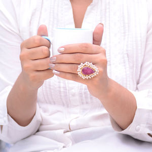 <b>Pink</b> Sugar Agate Druzy Stone Ring Women's Adjustable Gold Plated Alloy <b>Jewelry</b> Pear Shape Druzy Stone Statement Ring - Product Image 2