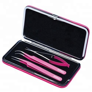 Pink Stainless Steel <b>Eyelash</b> Extension Tweezers Set <b>Magnetic</b> Case with Straight and Curved Tips Pointed Tip for Eyebrow Use - Product Image 1
