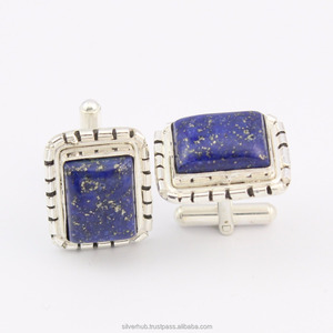 Vente flash : Bouton de manchette ou pince à cravate personnalisée pour homme en argent 925 avec sertissage clos et lapis-lazuli taille rectangle - Product Image 1