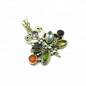 Sólido 925 plata esterlina Real cornalina Multi piedra preciosa Chakra colgante indio hecho a mano joyería fina colgantes y dijes - Product Image 1