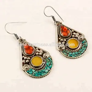 Multi Colour Beautiful Tibetan Earrings, Turquoise Coral Earrings, Handcrafted