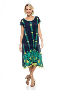 Moda de gama alta 2025 Diseñador Ropa de playa Manga de burbuja Exclusivo Aari Bordado Algodón Campesino Túnica Midi Vestido - Product Image 4