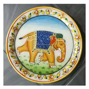 White Marble Plate With Elephant Painting Plate