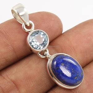 Délicat multi forme TOPAZE BLEUE & LAPIS LAZULI 925 pendentif solitaire en argent sterling massif serti de lunette naturelle - Product Image 1