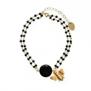 Black Onyx Gemstone Bangle Bracelet Gold Plated Chain Bracelet