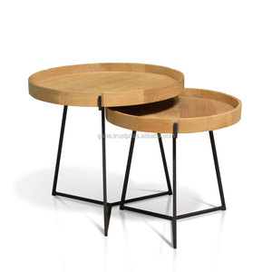 Ensemble de deux plateaux modernes en bois et fer de teck, meubles d'intérieur et d'extérieur ronds naturels pour la maison et le salon, tables basses élégantes - Product Image 2